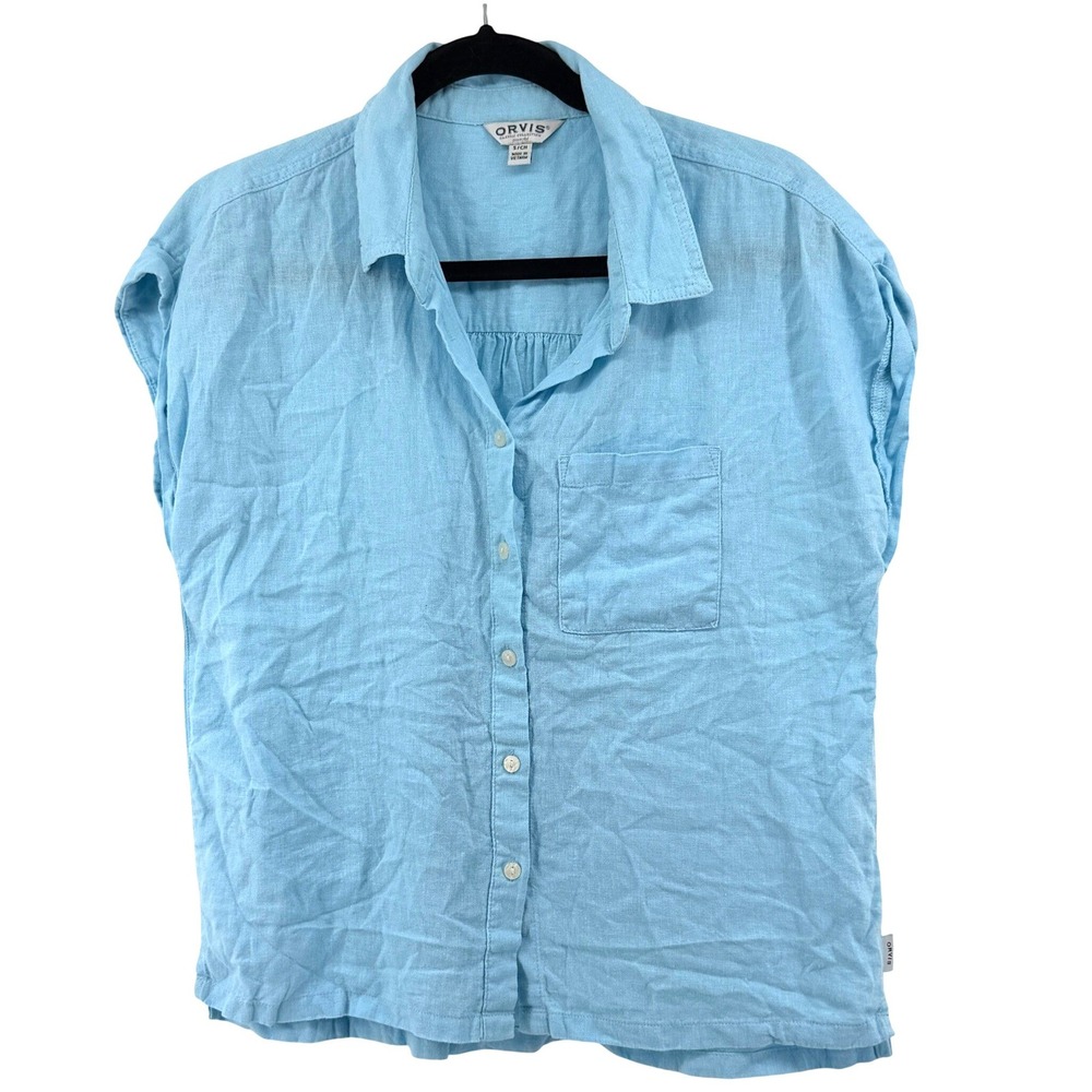 Orvis Button Down Shirt Linen Blend Small Blue Women Short Sleeve Coastal Casual